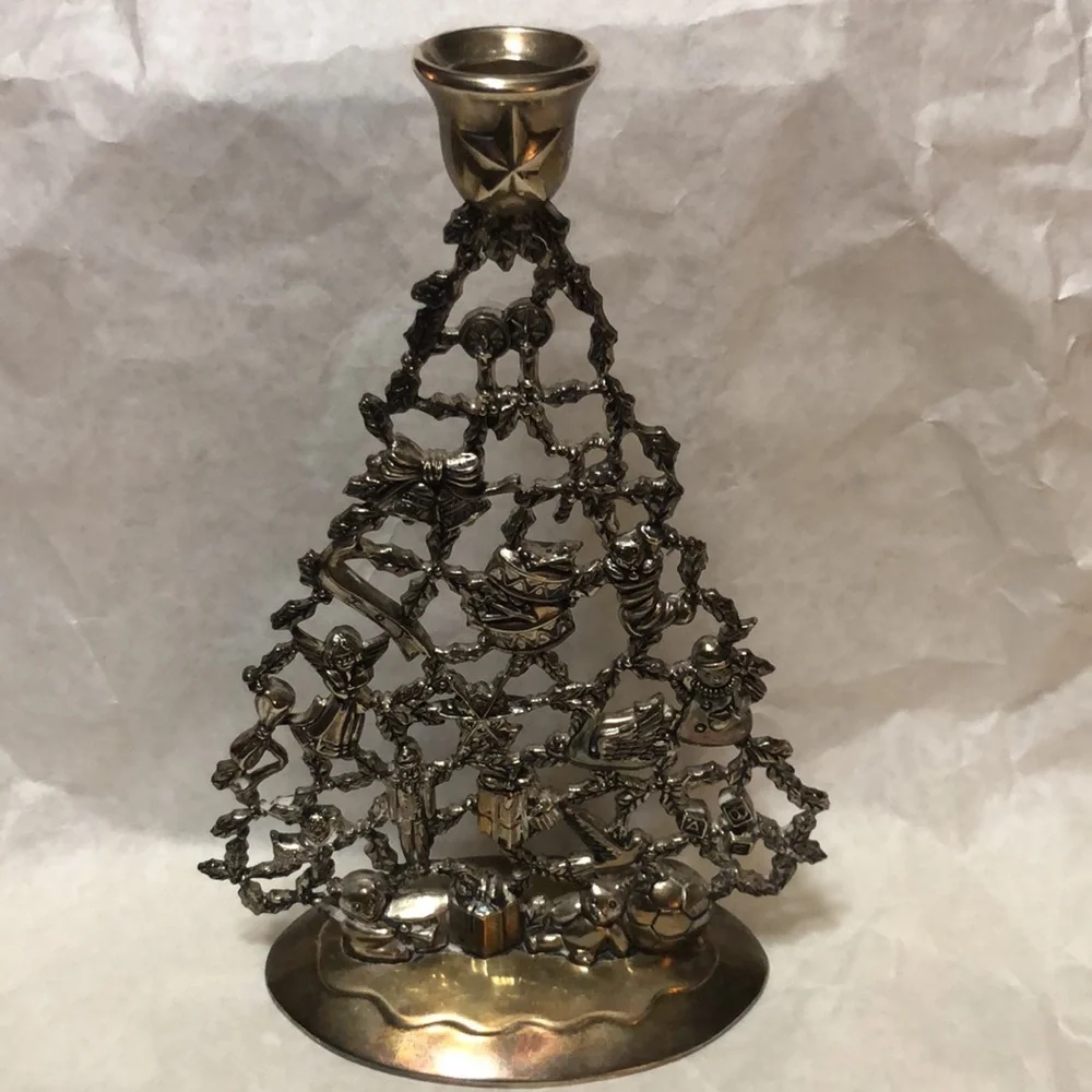 Vintage Silver Plate Christmas Tree Candle Holder Ornaments/Presents 10”x6.5”